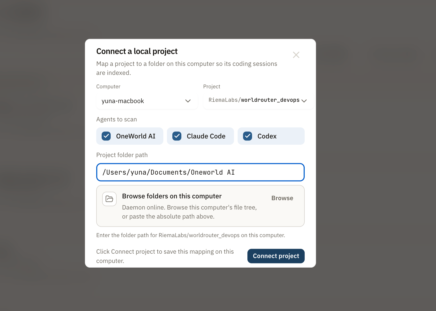 Connect a local project dialog