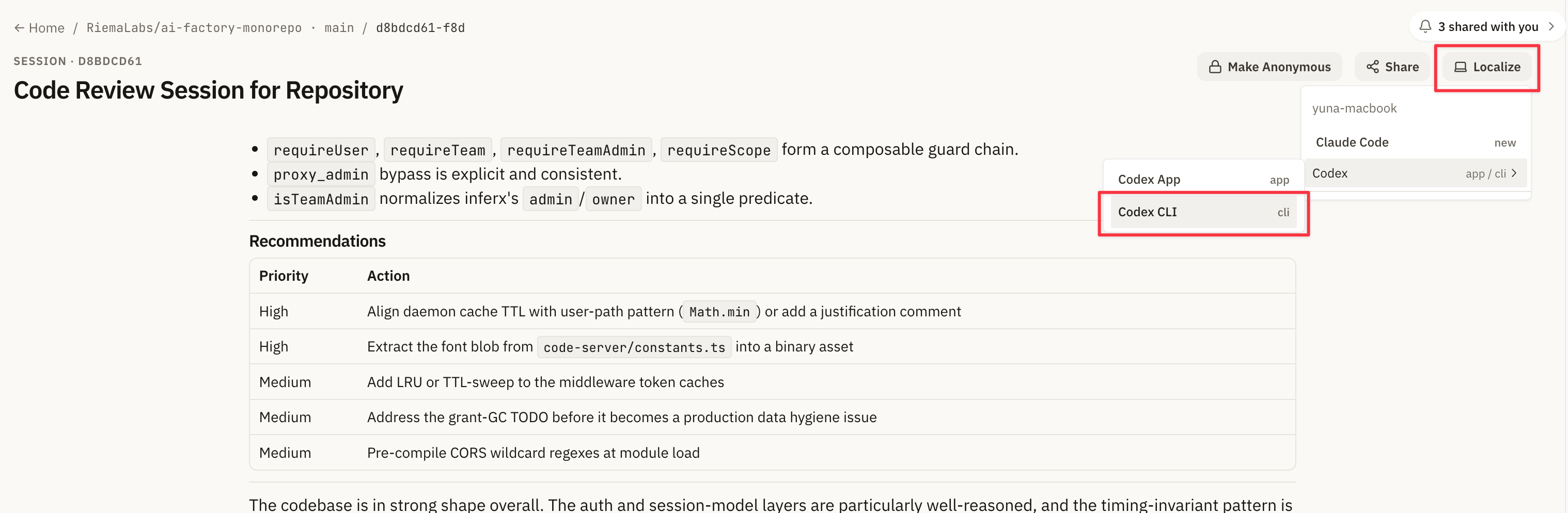 Localize button on a session detail page
