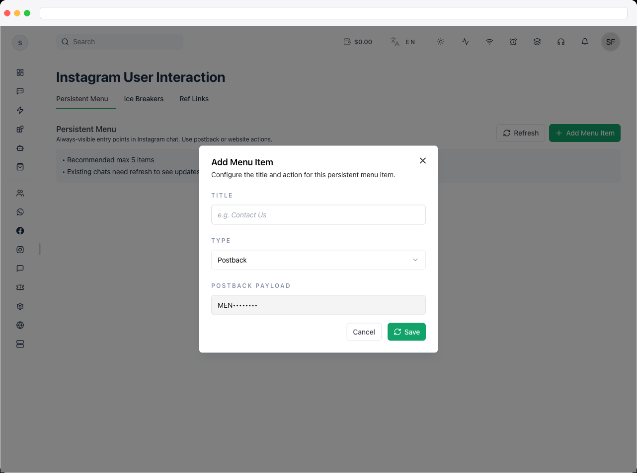 The Ref Links tab listing saved ref URLs with copy, edit, and delete actions