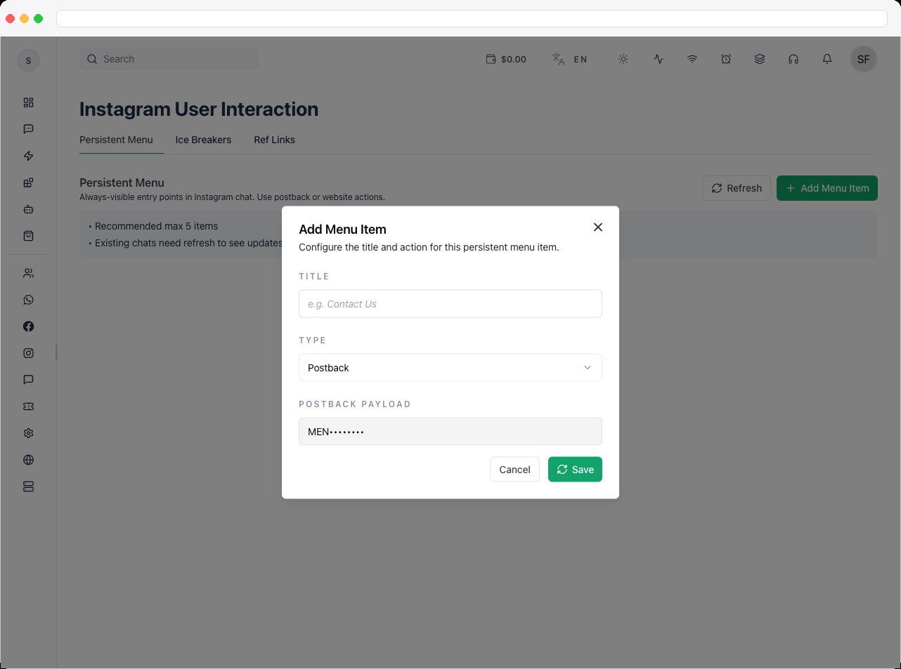The Ref Links tab listing saved ref URLs with copy, edit, and delete actions