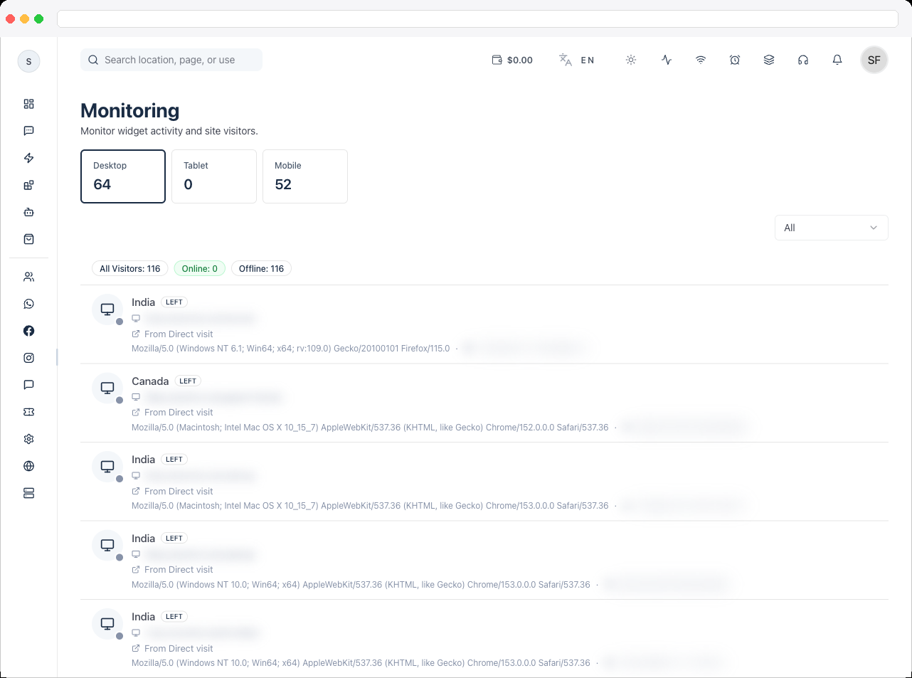 The visitor list filtered to Online visitors, with the search box in use