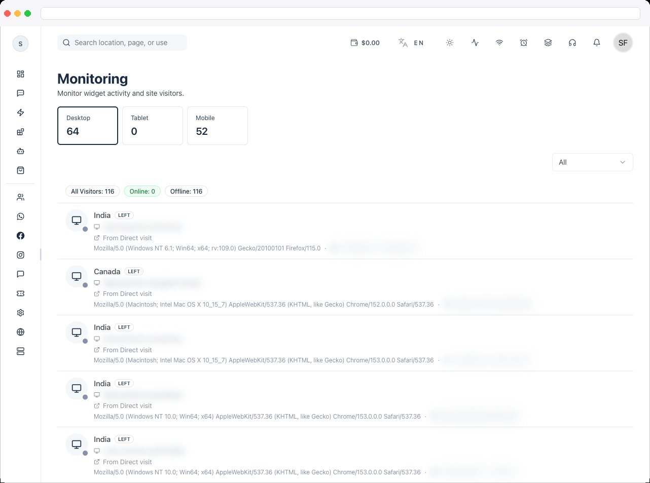The visitor list filtered to Online visitors, with the search box in use