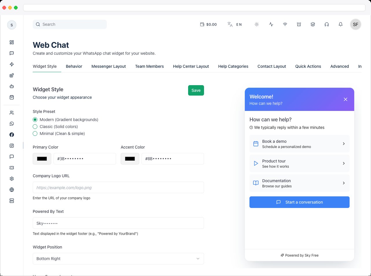 The Web Chat sidebar group expanded, showing Chat Widget, Live Monitoring, and Knowledge Base
