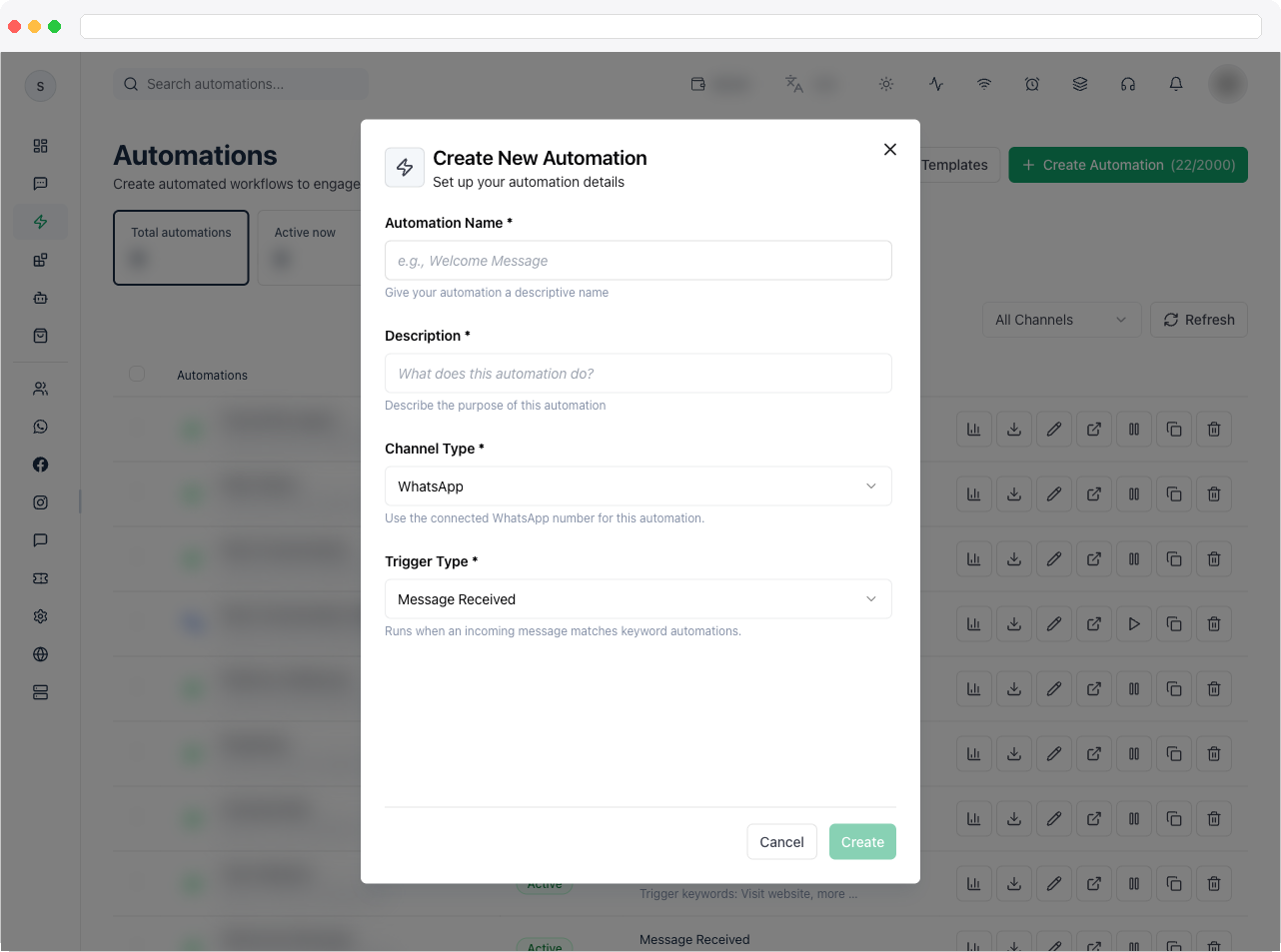 The Create New Automation dialog with Automation Name, Description, Channel Type, and Trigger Type