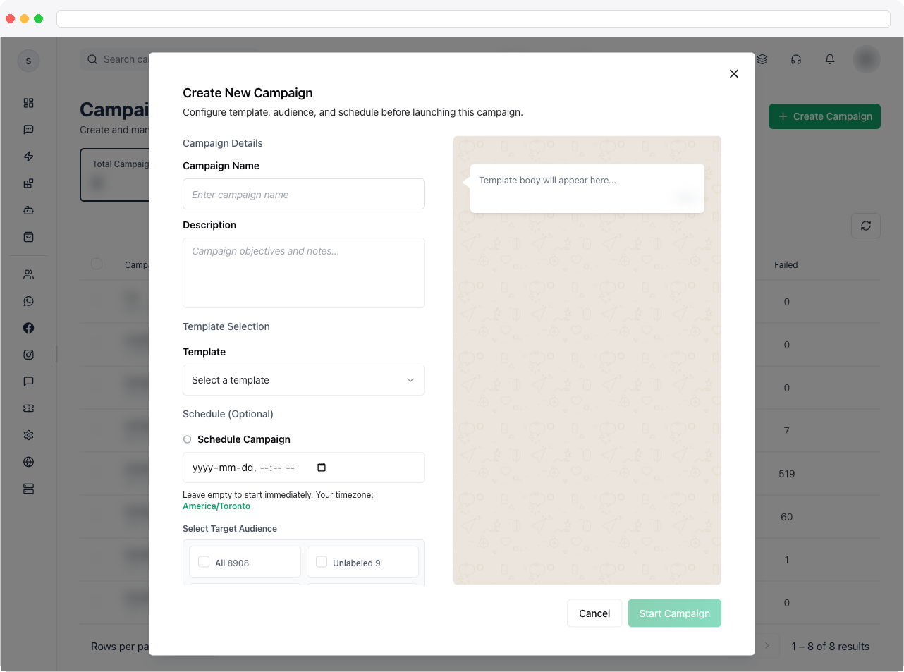 The Create New Campaign dialog with a template selected and its message preview