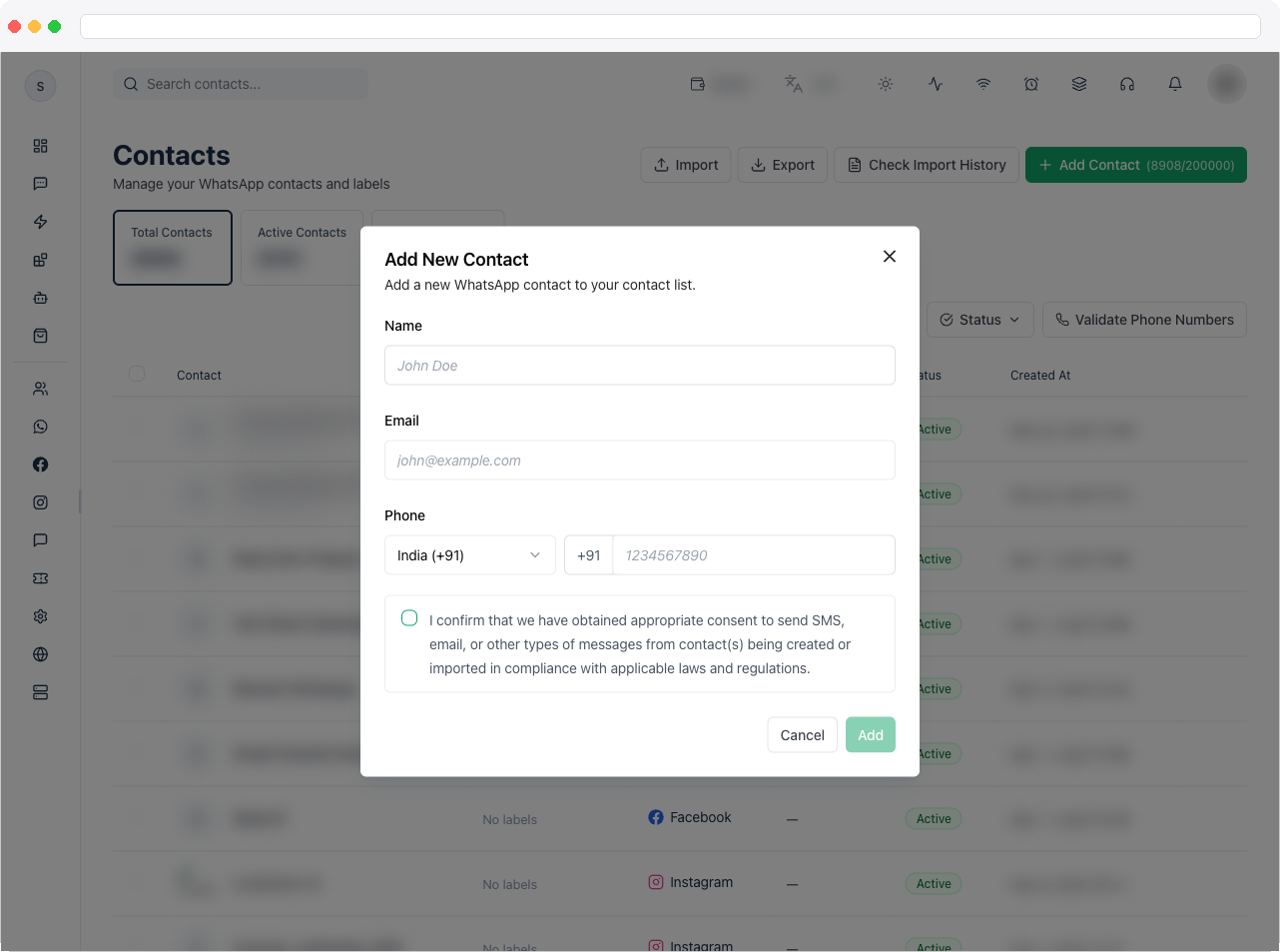 The Add Contact dialog with Name, Email, Phone + country code selector, and the consent checkbox