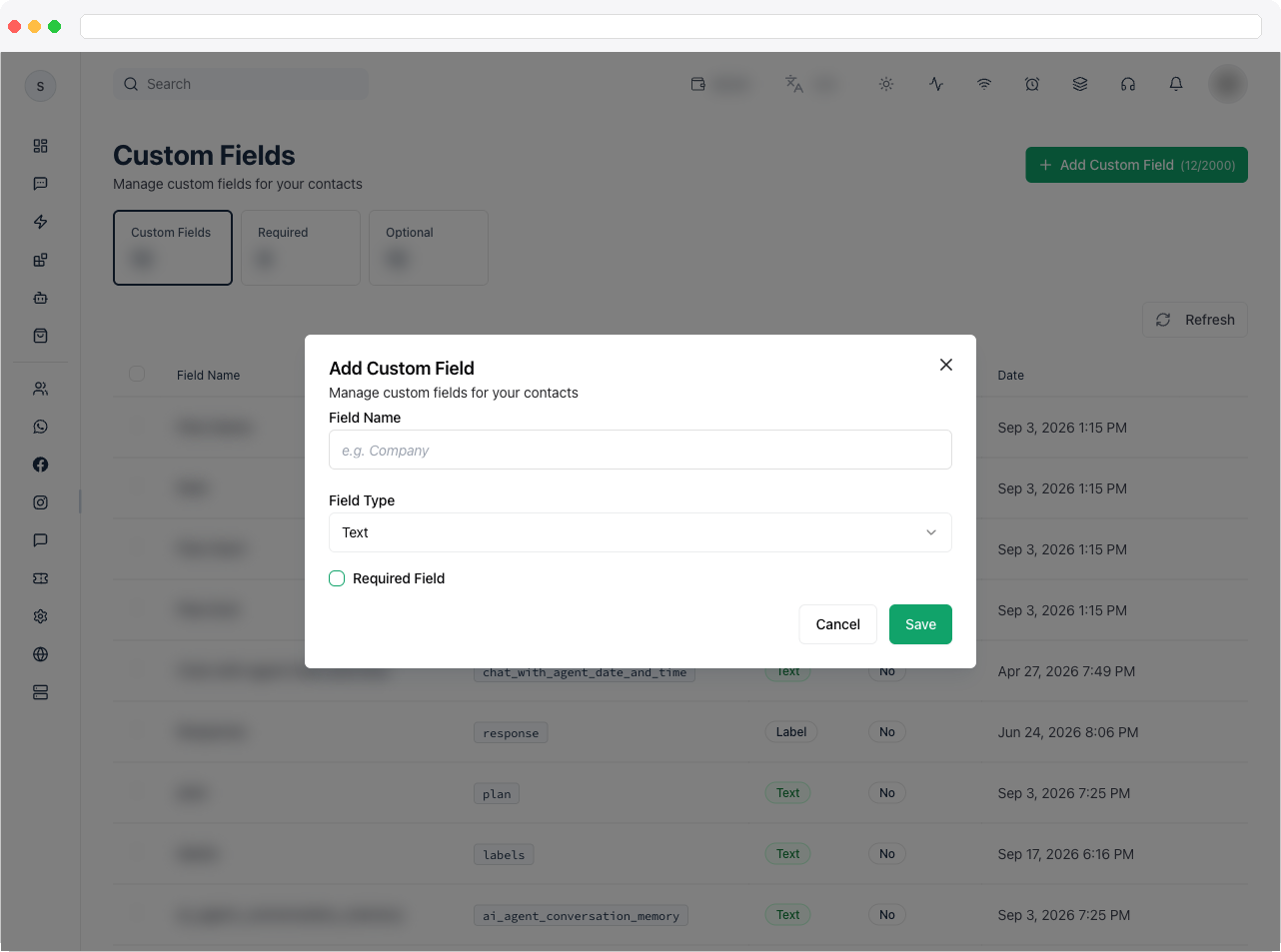 The Add Custom Field dialog with Field Name, Field Type, the dropdown values list, and the Required option
