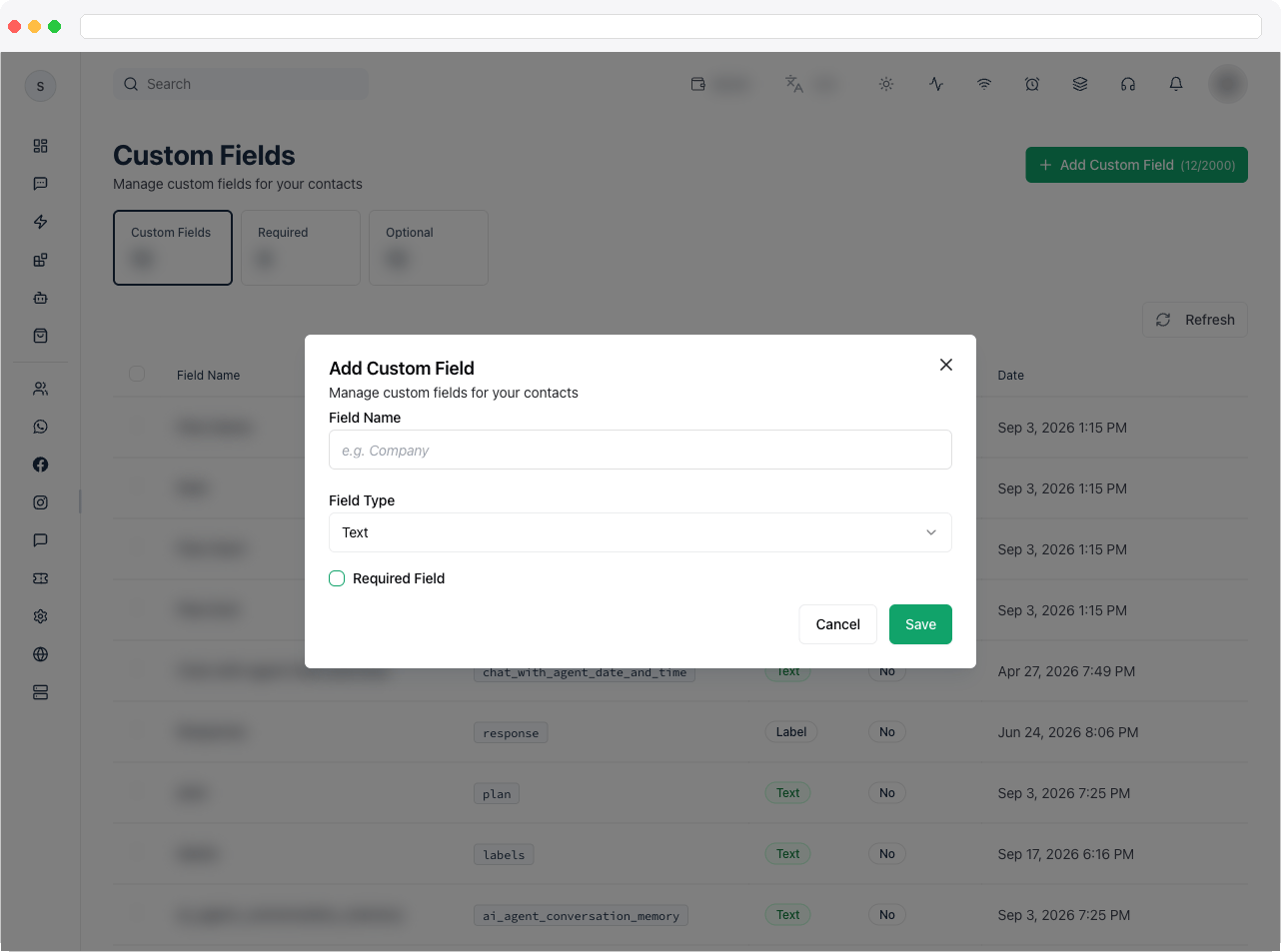 The Add Custom Field dialog with Field Name, Field Type, the dropdown values list, and the Required option