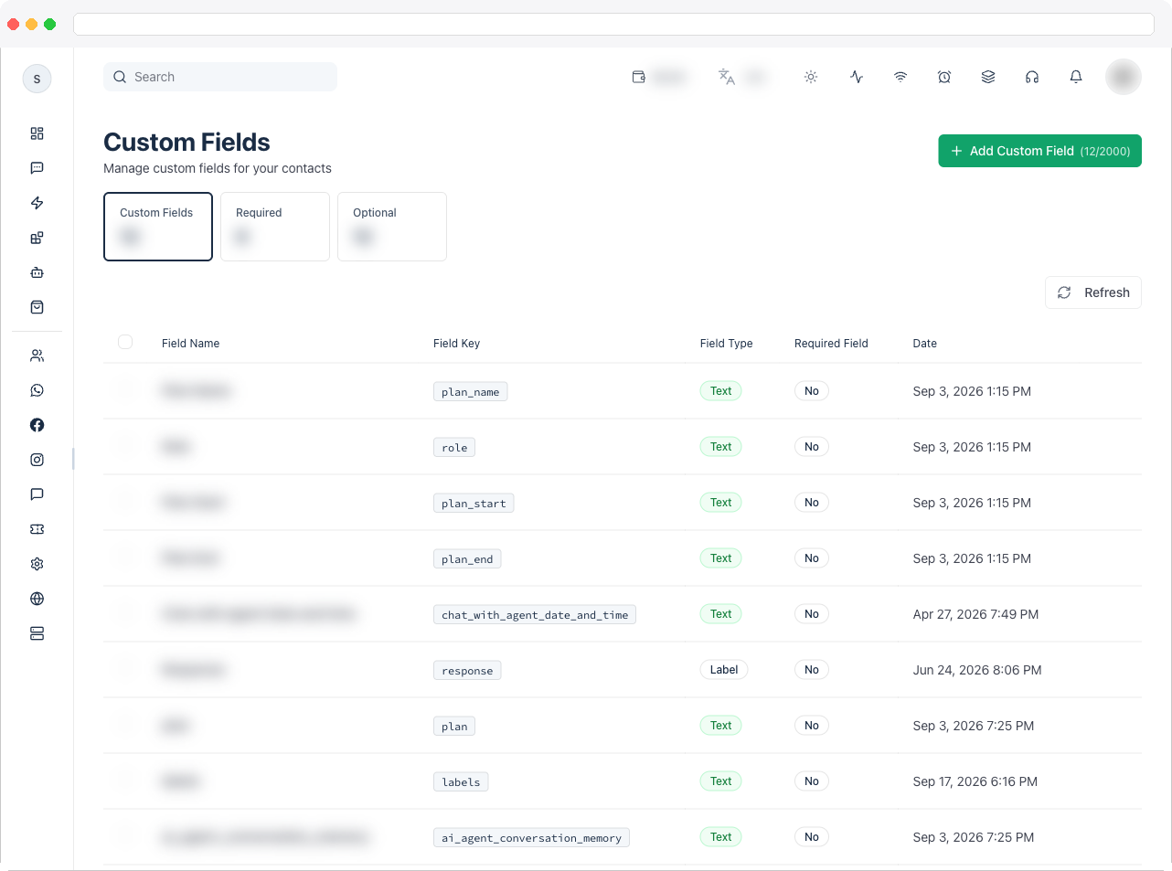 Full Custom Fields page