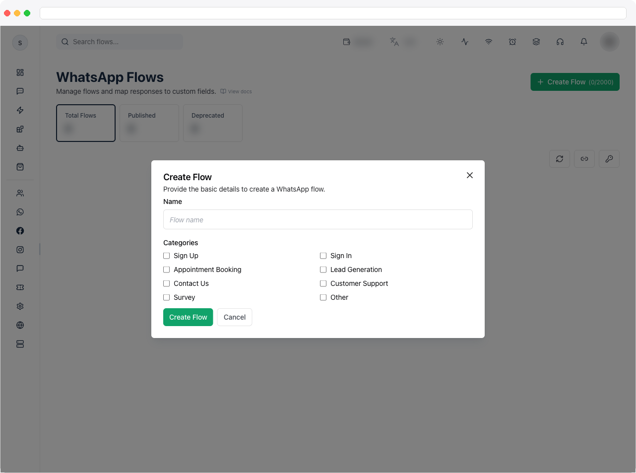 The Create Flow dialog with the Name and Categories fields
