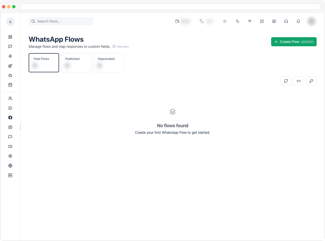 The WhatsApp Flows page showing the Total Flows, Published, and Deprecated tiles and the flows table