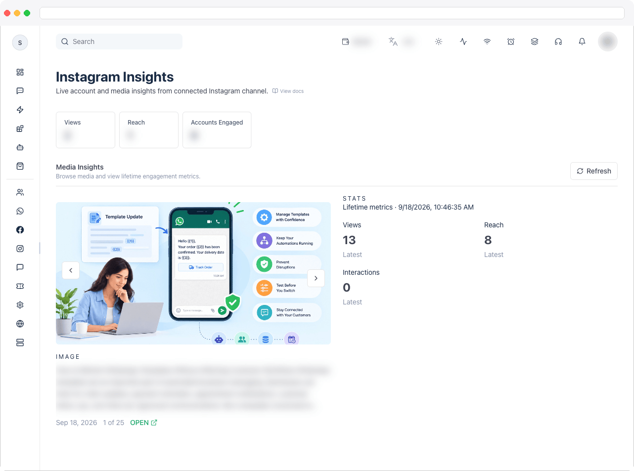 The full Instagram Insights page showing the account metric tiles at the top and the Media Insights panel below