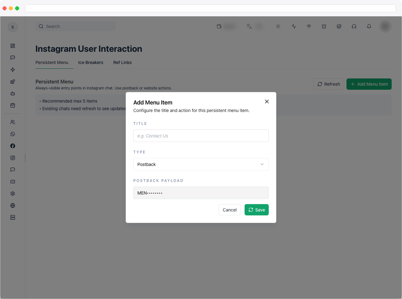 The Edit Menu Item dialog with Title, Type, and URL fields