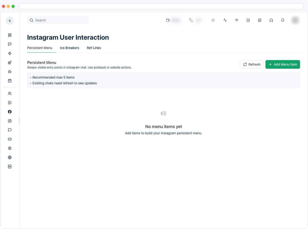 The Instagram User Interaction page with its three tabs: Persistent Menu, Ice Breakers, and Ref Links
