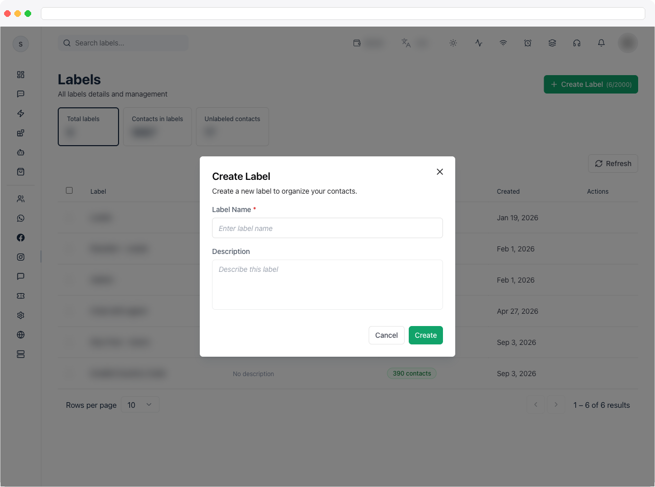 The Create Label dialog with the Label Name and Description fields