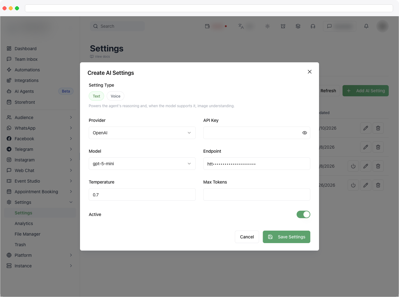 The Add/Edit AI Setting dialog