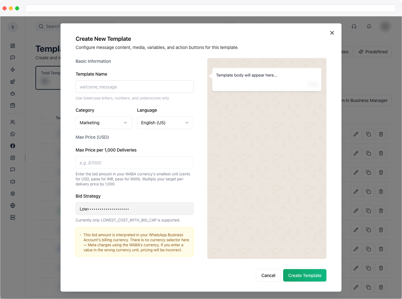 The Create Template dialog showing Basic Information and Template Content with the message preview