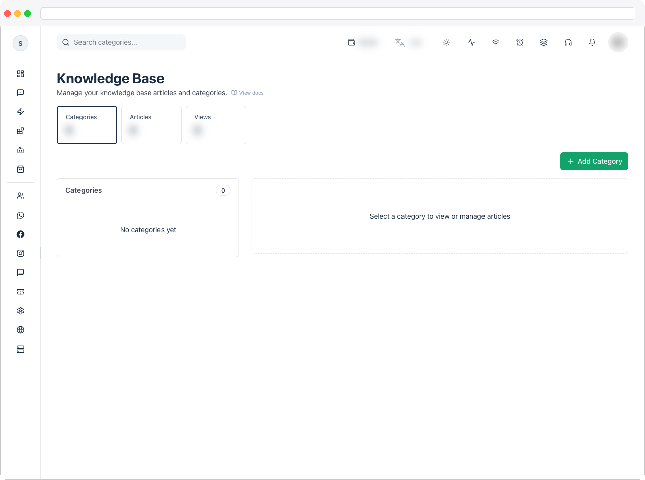 The Knowledge Base page showing the categories list and the Articles Library