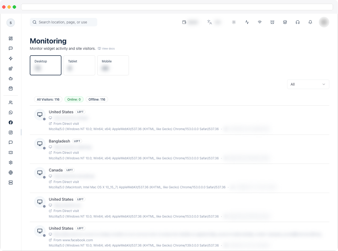 The Live Monitoring page showing the Desktop, Tablet, and Mobile tiles above the visitor list