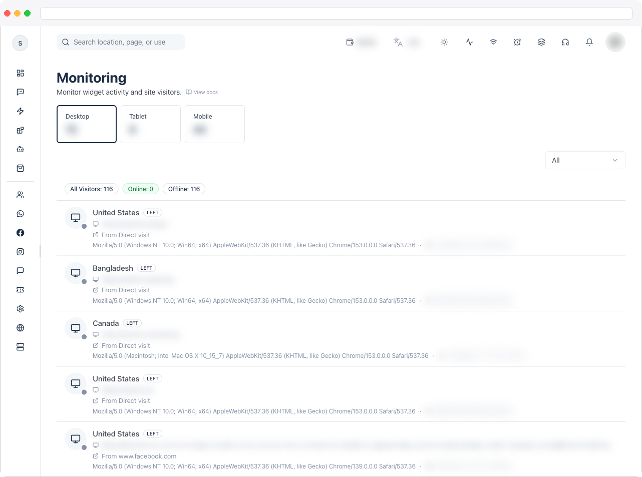 The Live Monitoring page showing the Desktop, Tablet, and Mobile tiles above the visitor list