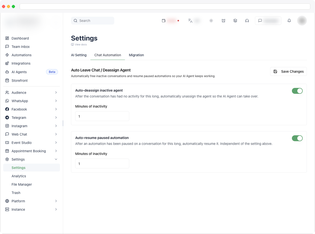 The Chat Automation tab with both toggles and their minutes-of-inactivity fields