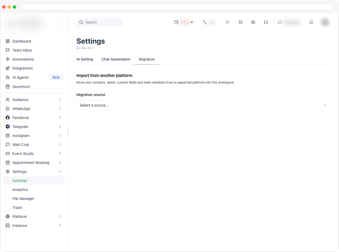 The Migration tab with the migration source dropdown selected