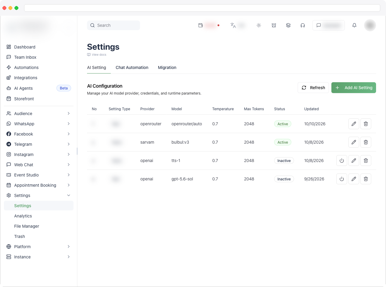 The Settings page with the AI Setting, Chat Automation, and Migration tabs visible