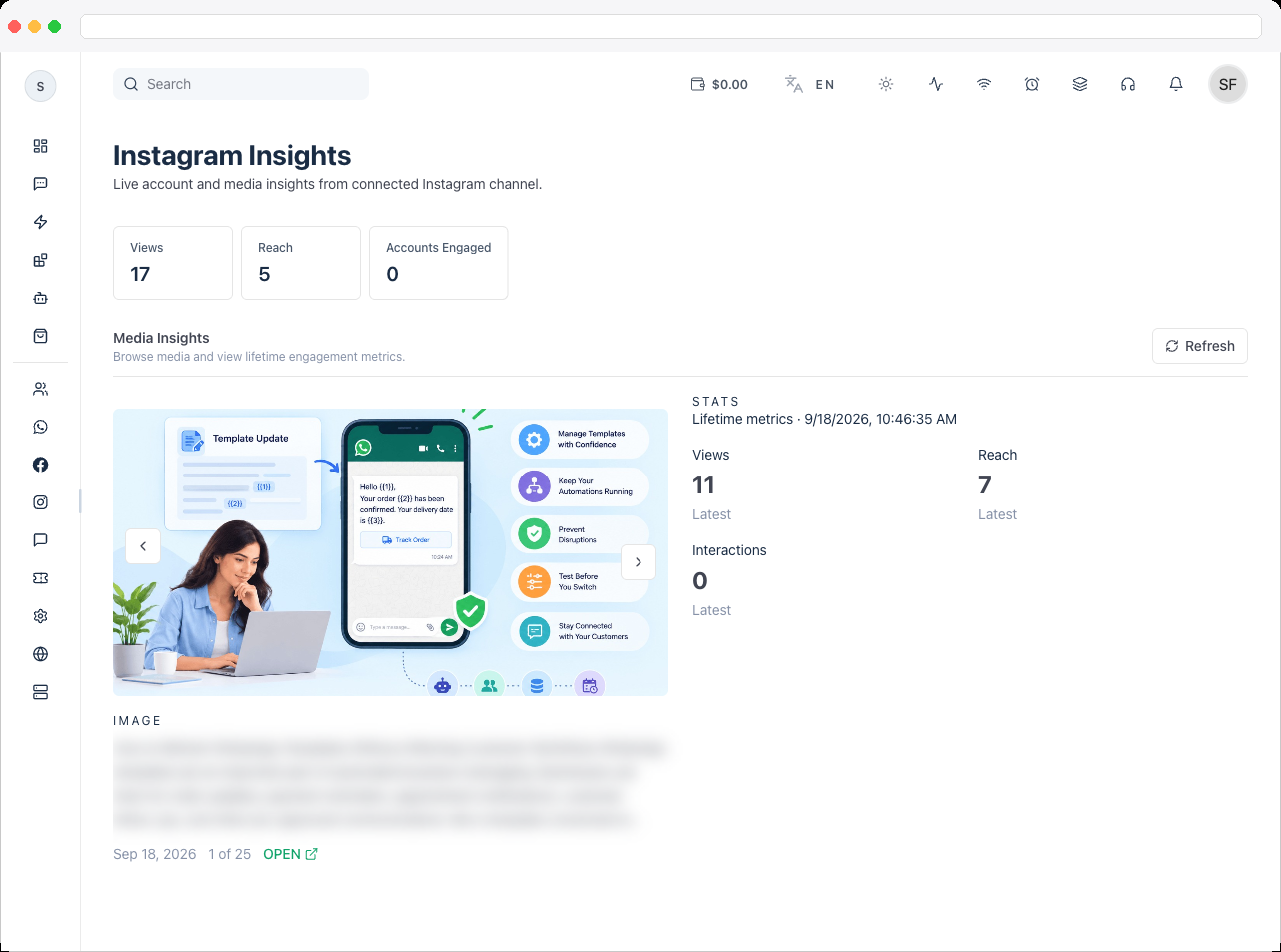 The Instagram sidebar group expanded, showing Insights, User Interaction, and Publishing