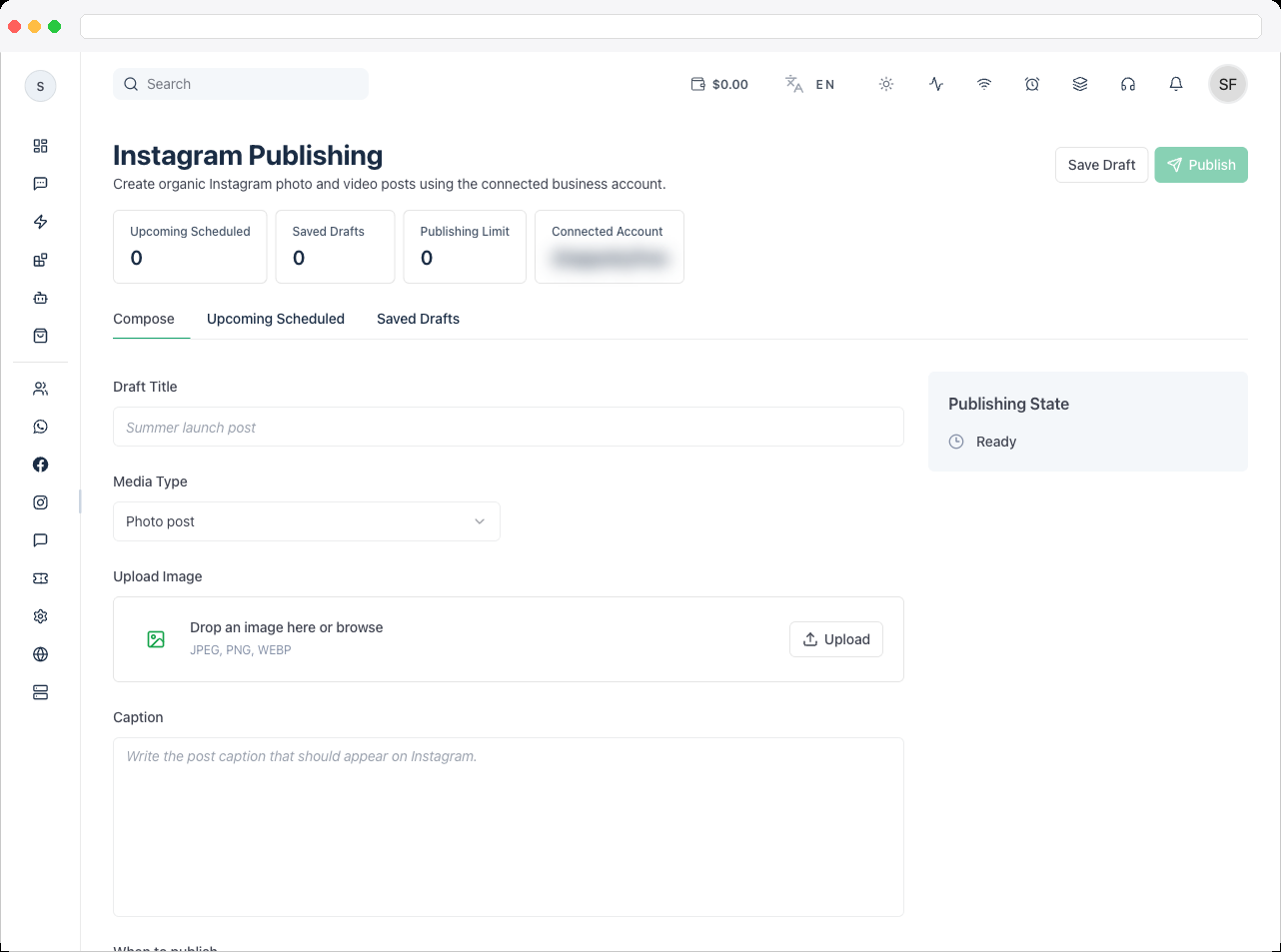 The Compose panel with Draft Title, Media Type, media upload, and Caption fields