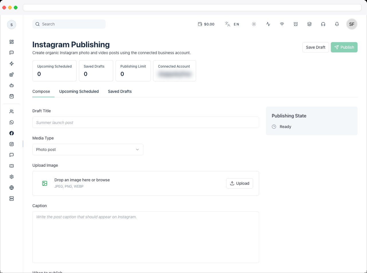 The Instagram Publishing page showing the Upcoming Scheduled and Saved Drafts tiles above the Compose panel