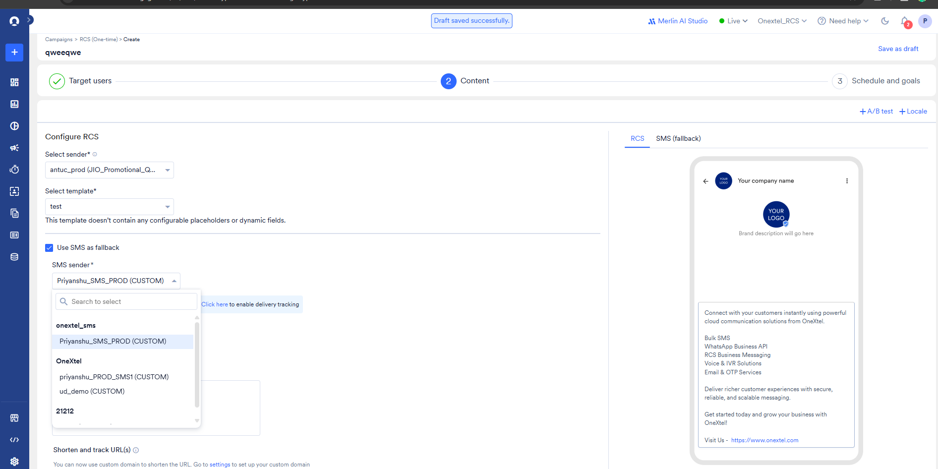 MoEngage campaign content step with Use SMS as fallback ticked and the SMS sender picker open