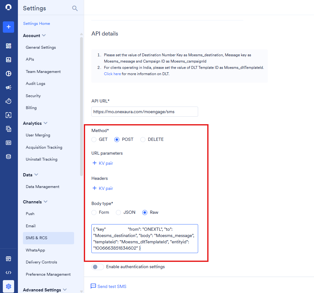 MoEngage SMS provider API details with POST selected, Raw body type, and the JSON request body