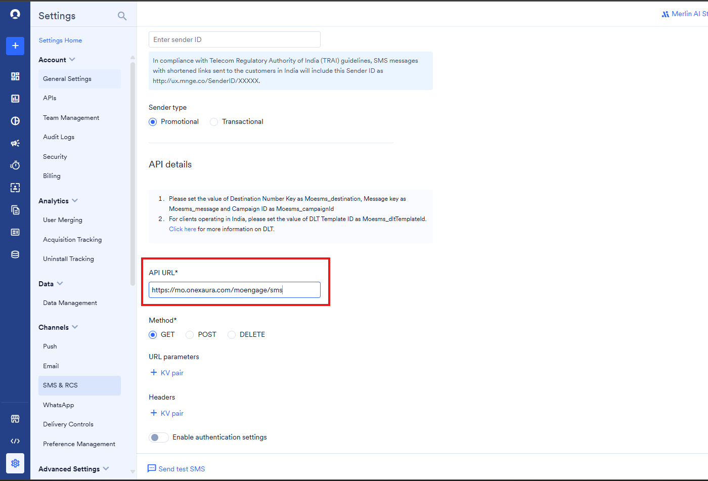 MoEngage custom SMS provider configuration with the OneXtel SMS outbound API URL highlighted
