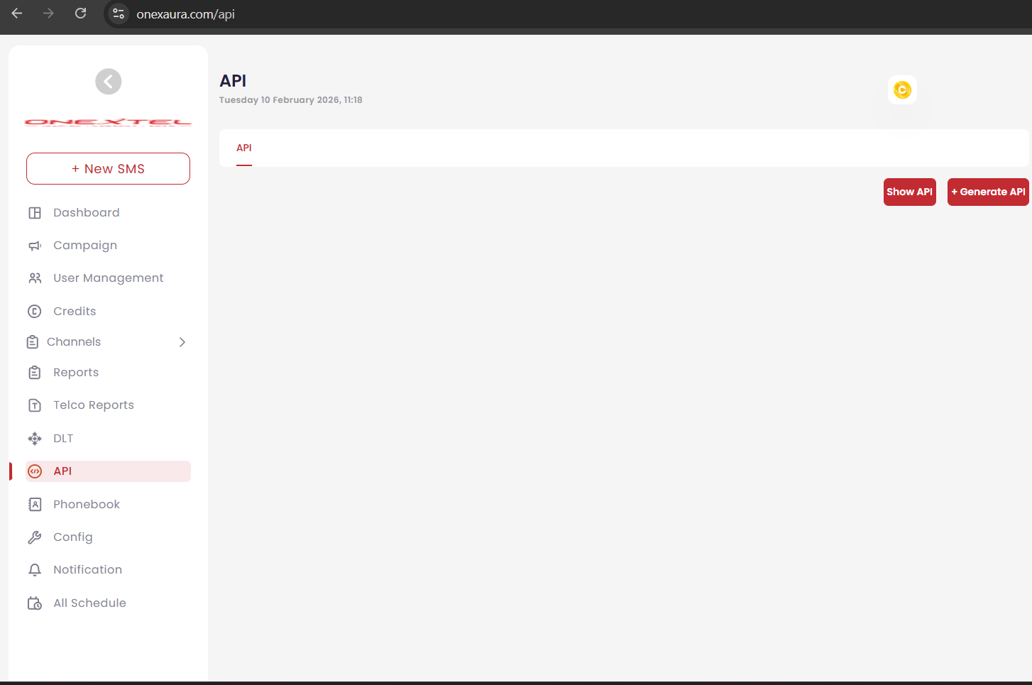 OneXtel API page with Show API and Generate API actions