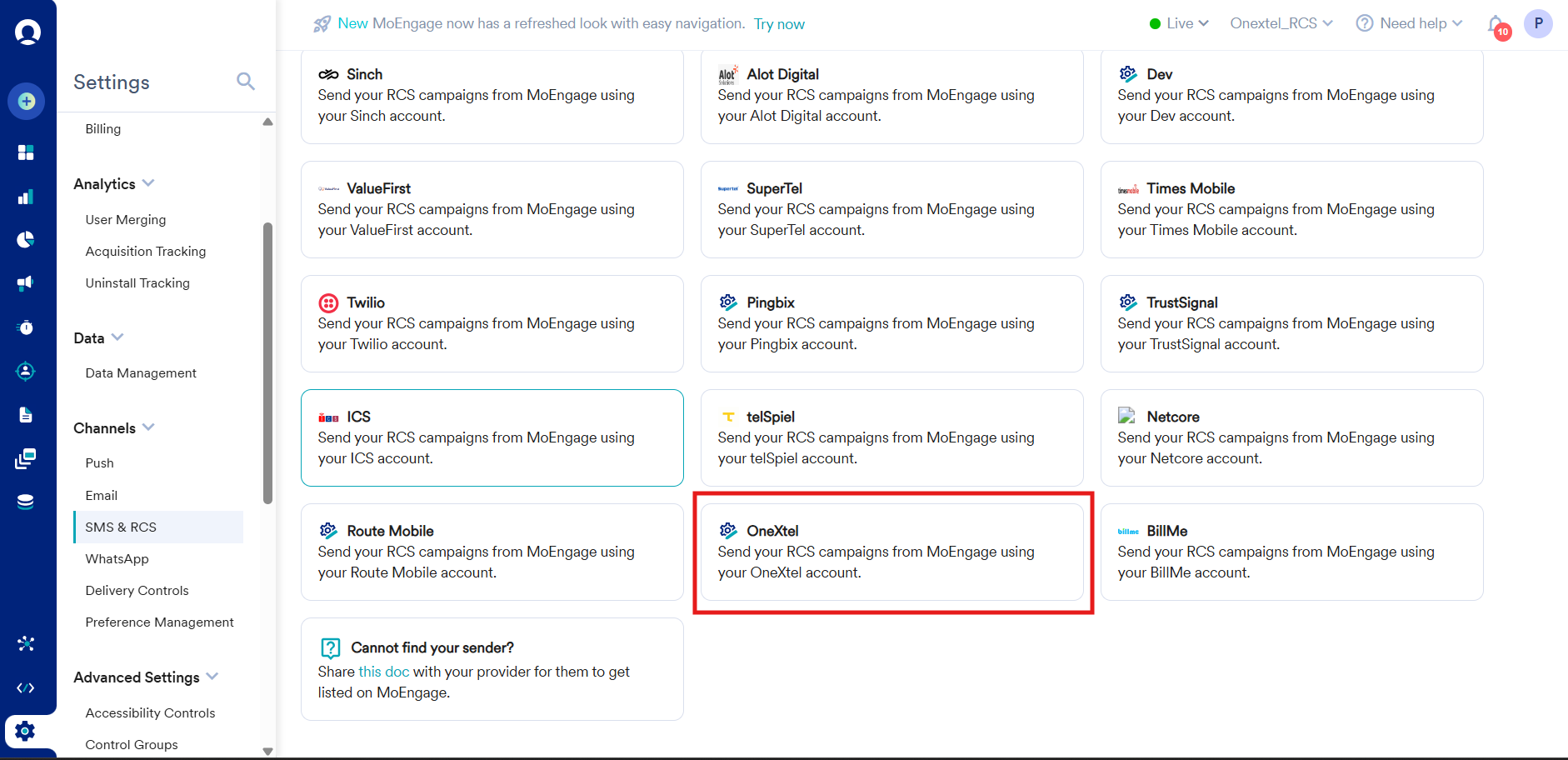 MoEngage provider picker with OneXtel selected
