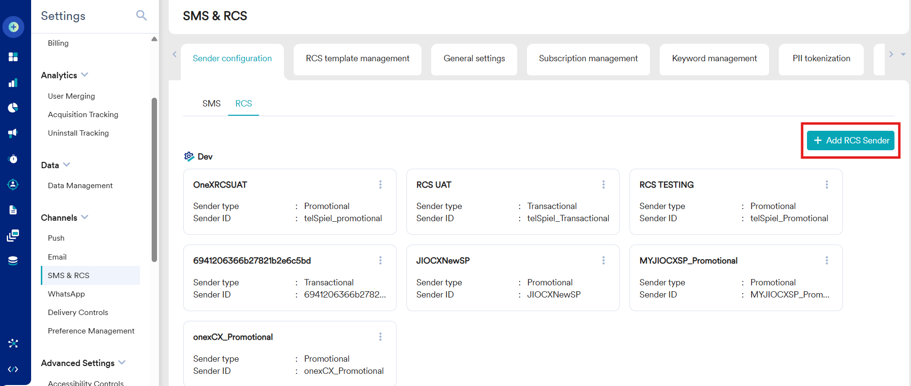 MoEngage SMS and RCS settings on the RCS tab with the Add RCS Sender action