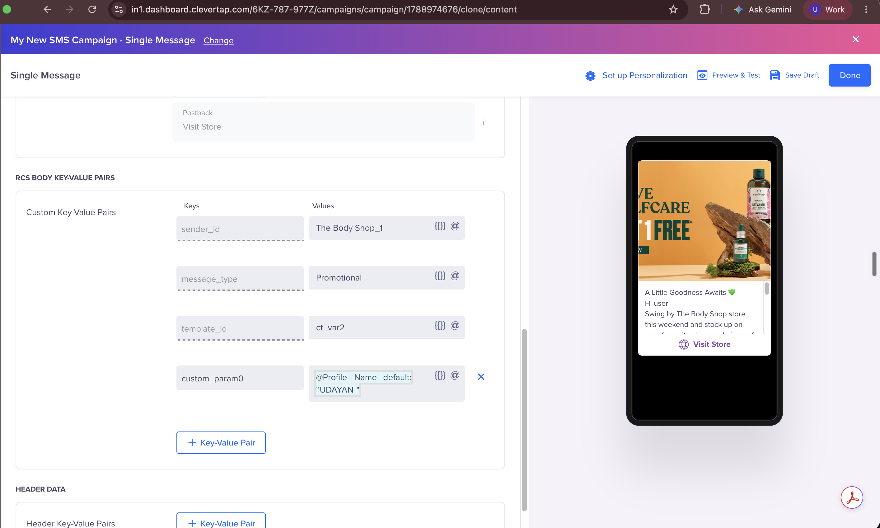CleverTap RCS Body Key-Value Pairs with sender_id, message_type, template_id, and a custom_param0 key whose value is the @Profile - Name token with a default