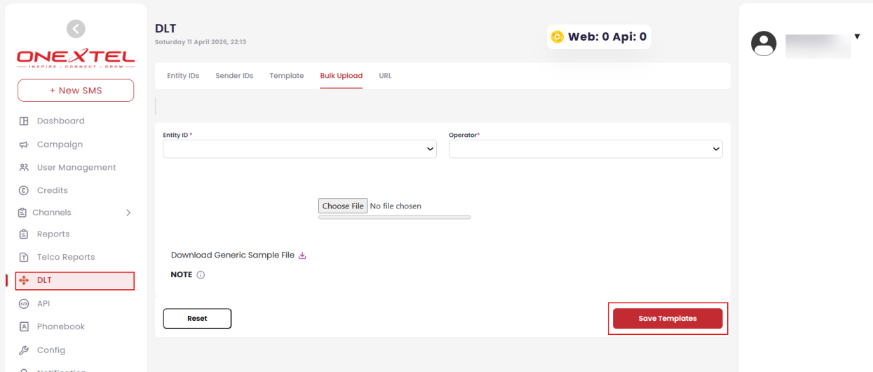DLT Bulk Upload tab with entity ID, operator, file chooser and sample file download