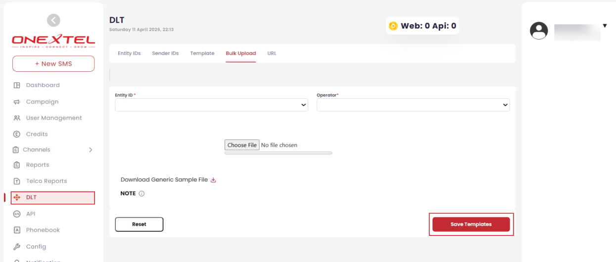 DLT Bulk Upload tab with entity ID, operator, file chooser and sample file download
