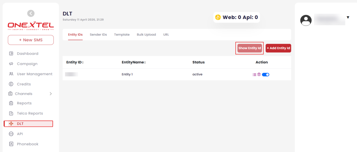 Entity IDs tab listing entity ID, entity name and status