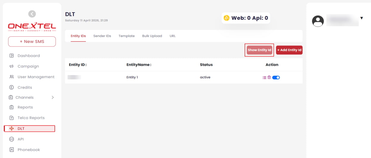 Entity IDs tab listing entity ID, entity name and status