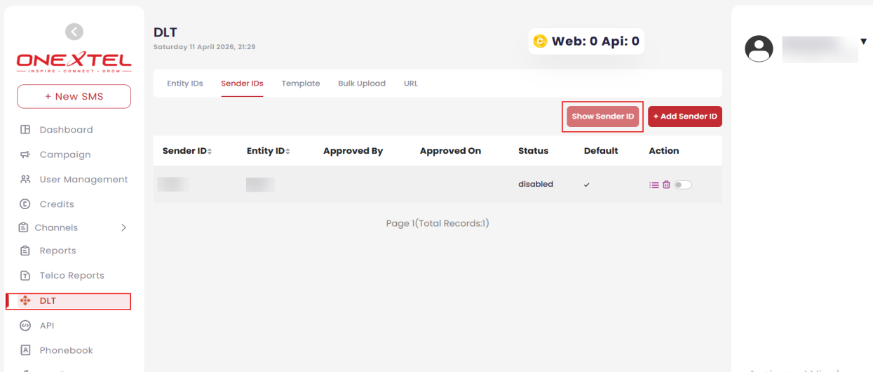 Sender IDs tab listing sender ID, entity ID, approver, approval date, status and default flag