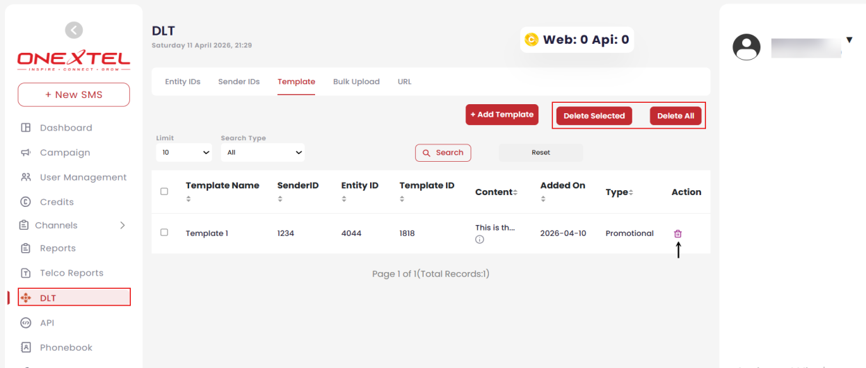 DLT Template tab listing template name, sender ID, entity ID, template ID, content, date added and type