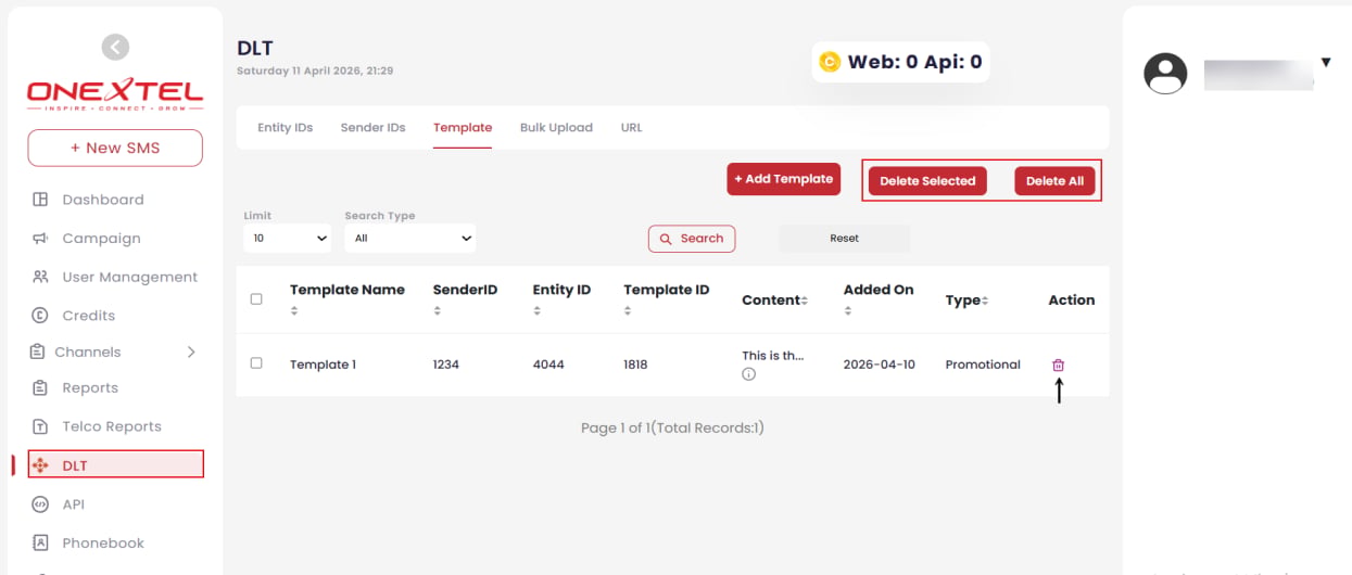 DLT Template tab listing template name, sender ID, entity ID, template ID, content, date added and type