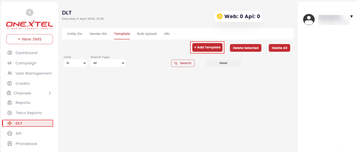 DLT Template tab with Add Template, Delete Selected and Delete All actions and limit and search-type filters