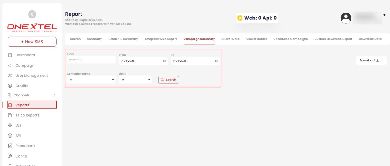 Campaign Summary tab with TUC, date range, campaign name and limit filters