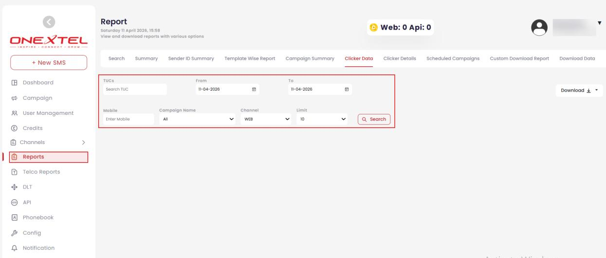 Clicker Data tab with TUC, date range, mobile number, campaign name and channel filters