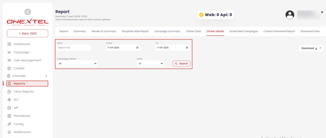 Clicker Details tab with TUC, date range, campaign name and limit filters