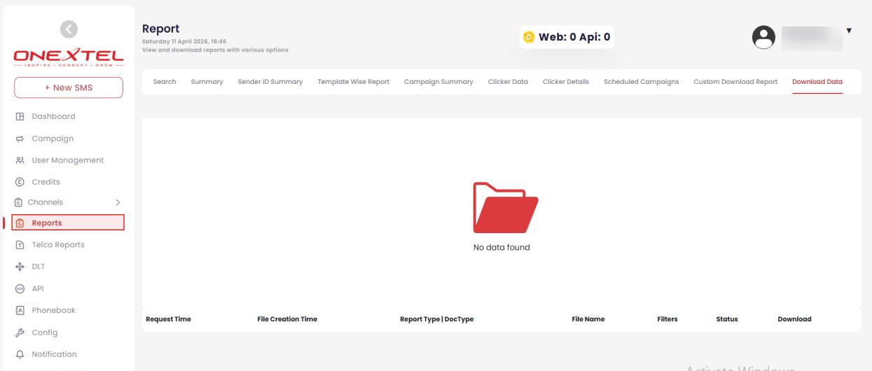 Download Data tab listing generated exports with request time, file name, filters, status and download link