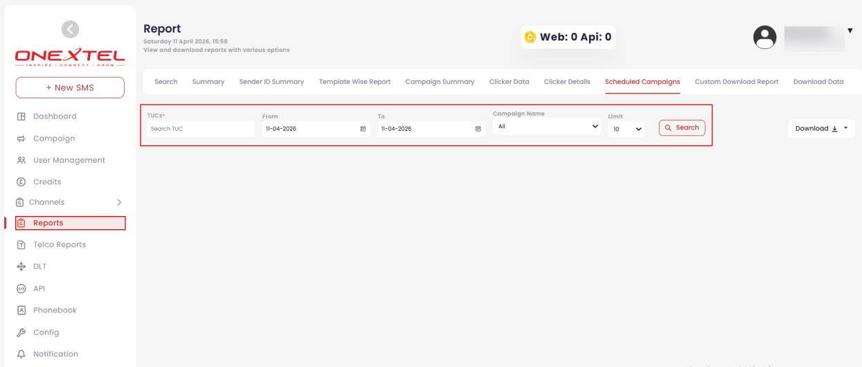 Scheduled Campaigns tab with TUC, date range, campaign name and limit filters